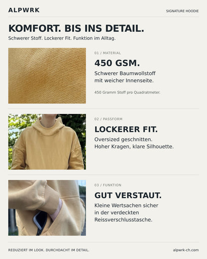 ALPWRK Signature Hoodie: 450 GSM Baumwollstoff, hoher Kragen und verdeckte Reissverschlusstasche.